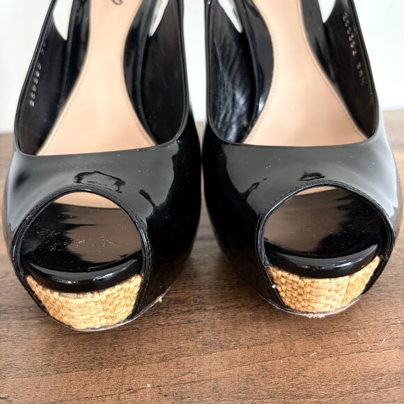 GUCCI Patent Leather Slingback Heels Sz 8.5 / EU 38.5 Black Peep Toe Classic Box - Picture 4 of 11